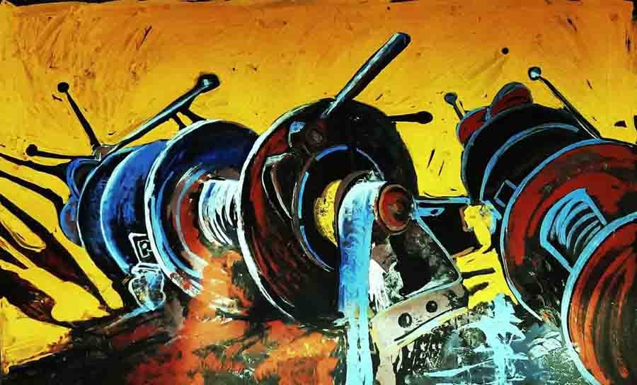 Art Exhibition Aineias Εικαστική Έκθεση Μαρίας Ξανθάκη στο Βαφοπούλειο 12 Μαΐου 3 Τροχαλίες του καρνάγιου πίνακας Μαρίας Ξανθάκη