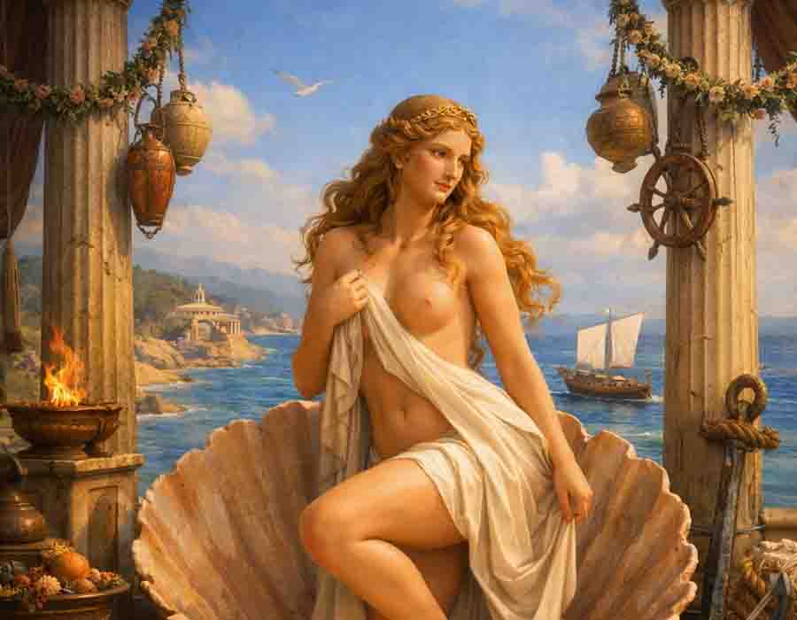 Aphrodite of Aineia Αινεία: Η αρχαία πόλη που κοιτούσε τον Θερμαϊκό και λάτρευε την Αφροδίτη 🏺 6ο αιώνα π.Χ. 2 «Απεικόνιση της Αφροδίτης της Αινείας σε αρχαίο ιερό δίπλα στη θάλασσα, καθισμένη μέσα σε κοχύλι, με φόντο πλοία και ναυτικά σύμβολα.»